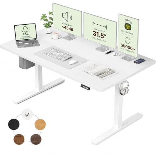 Image of Grandder 55x32 Large Electric Standing Desk, Height Adjustable Computer Desk with 2 Memory Presets, 31.5 inch Deep Desktop Sit Stand Desk Home Office Desk Workstation Table with Hooks, White