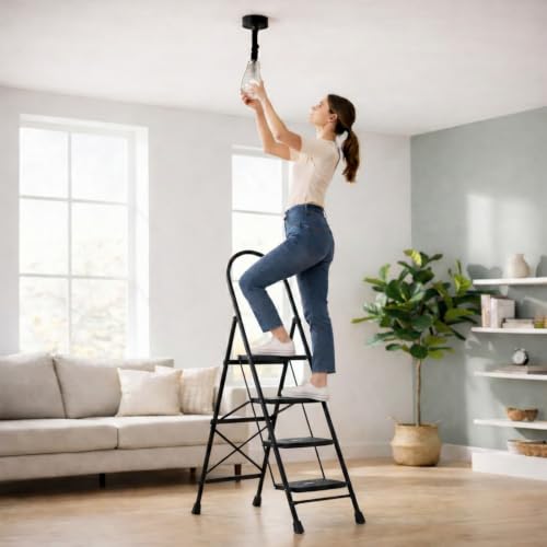 Image of Wakefit Premium 4 Step Foldable Ladder | Wide Anti-Skid Steps | Strong Alloy Steel with X-Support for More Stability | Supports Up to 150 kg |Rust Resistant| Heavy Duty Portable Ladder | Ascenta Black