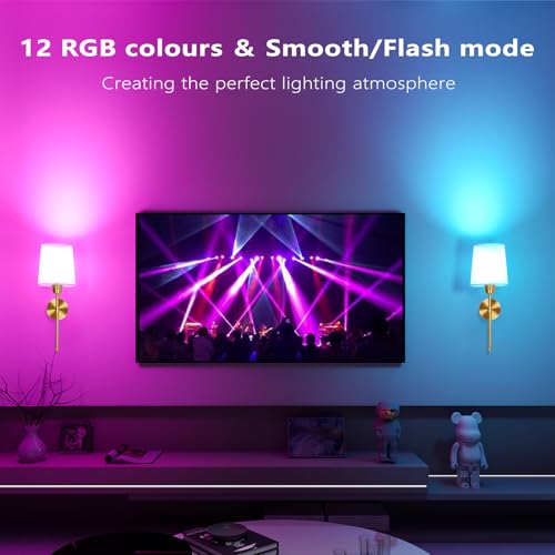 Image of Ouyulong Battery Operated Wall Sconces Set of 2, Wireless Rechargeable Dimmable Wall Light with 5600mAh RGB Bulb and Remote for Bedroom, Living Room, Hallway, Gold, 19in