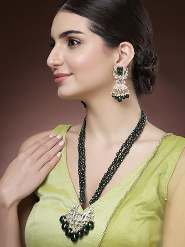 Image of Karatcart Gold Plated Green Crystal and Pearl Studded Kundan Rani-Haar Necklace Set for Women