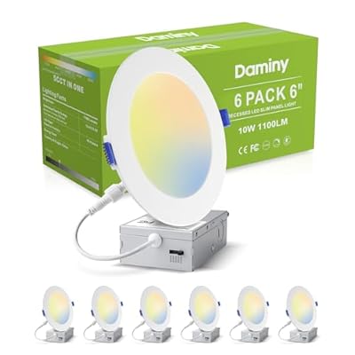 DAMINY 6 Pack 6 Inch LED Recessed Lighting with Junction Box,5CCT,Ultra-Thin Recessed Light,10W 1100LM, Dimmable Canless Wafer Ceiling Light,High Brightness