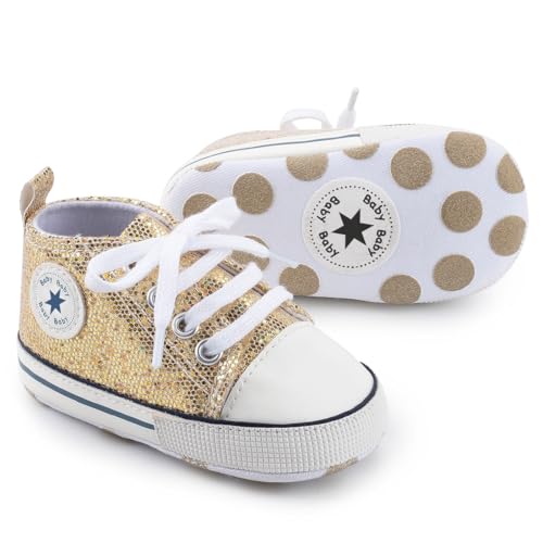 Image of Unisex Baby Girls Boys Canvas High-top Shoes, Newborn Infant Anti-Slip Soft Sole Frist Walking Breathable Sneakers