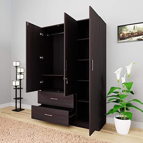 Image of VIKI Wardrobe | Wooden Almirah for Clothes,Door for Bedroom, 3 Door Wardrobe with Drawer & Hanging Space (Dark Wenge - 40D x 120W x 180H) | 1 Year Warranty | Free Assembly