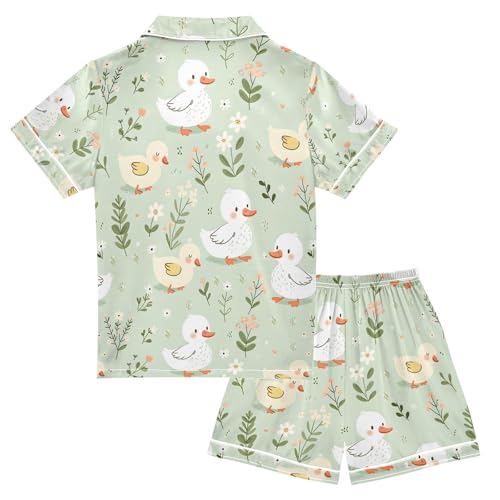 ALAZA Cartoon Duck Green Leaves Flower Pajamas Satin Pajama Set Short Sleeve Button Down Sleepwear2