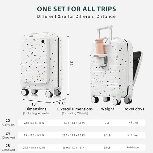 Convenient and Stylish Luggage Set of 3 with USB Ports and Front Opening Design, Starry Sky White, Airline Certified2