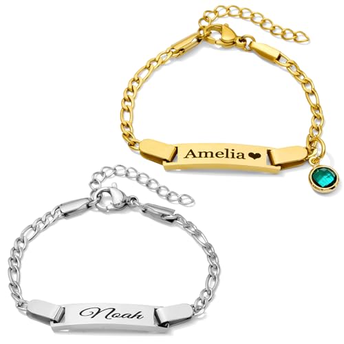 Jexiva Personalized Baby Name Bracelet with Birthstone – Non Tarnish - Double-Sided Engraving – Stainless Steel PVD 18k Gold Platted or Silver – Adjustable Size for Babies/Toddlers/Kids