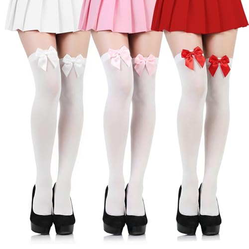 scenicamp 3 Pairs Women Satin Bow Thigh Highs Stockings Lolita Over Knee High Long Socks with Cute Bow, White Stocking, White Black Red Bows, White Pink Red Bows