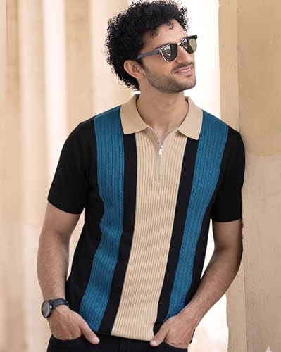 Image of AUSK Men's Zip Collar Polo Tshirt | Cotton Rich Material | Half Sleeves | Modern Knit Panel Work | Regular Fit