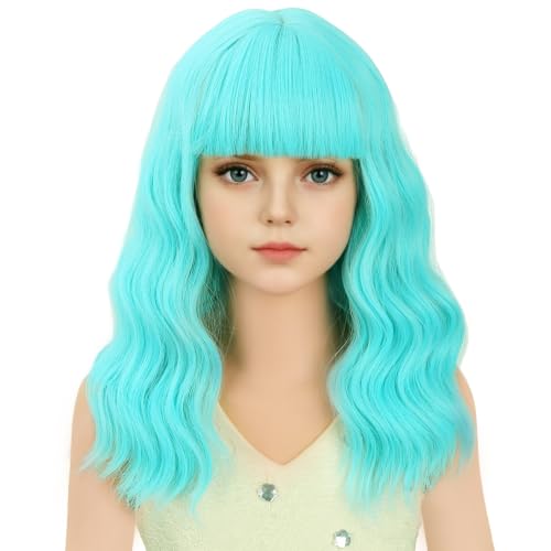 Image of Light Blue Wig Short Blue Wavy Curly Wigs Wig with Air Bangs Synthetic Cosplay Hair Wigs