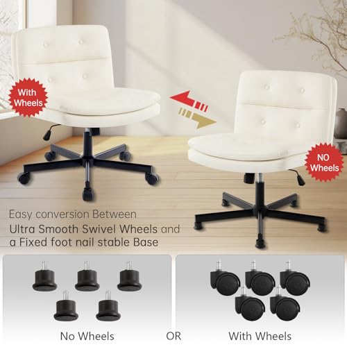 YFO PU Criss Cross Armless Home Office Chair with Replaceable Wheels/Fixed Base and Lumbar Support for Living Room, Wide Seat Adjustable Legged Swivel Chair, Comfy Computer Chair for Vanity, White