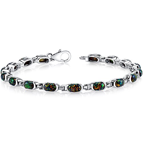 PEORA 4.75 Carats Created Black Fire Opal Tennis Bracelet for Women 925 Sterling Silver, Oval Shape 6x4mm, 7 1/4 inch length, October Birthstone Bracelet, Iridescent Tennis Bracelet