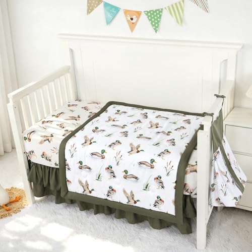 Image of Mallard Duck Baby Crib Bedding Set for Boys, 4 Piece Green Baby Bedding Include Crib Skirt, Comforter, Fitted Sheet, Diaper Stacker