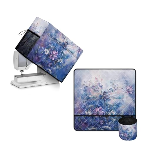 PJHEQOXE Sewing Machine Muffling Mat and Dust Cover to Keep Clean & Safe Muffling Mat Protection Suitable for Brother Singer Bernina and Most Machines Dragonfly Blue