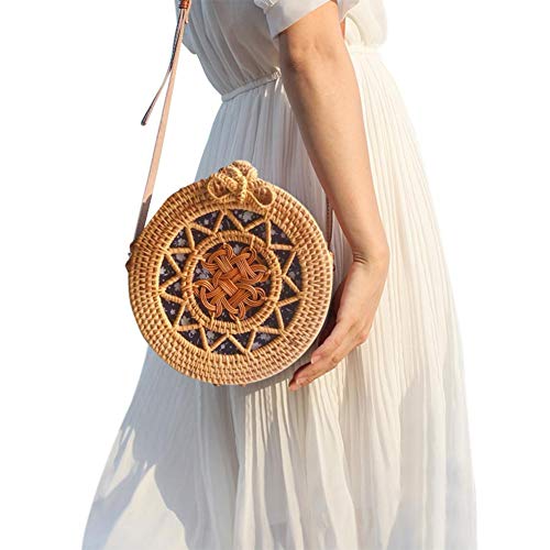 Rlorie Bolsa de Hombro Redondo de Playa de Mimbre de Hebilla de Mariposa ?Bolso de Paja Redondo Bolsos Mujeres Verano Bolsa de ratán Tejidas a Mano Bolso de Playa para Las Mujeres Bolsa