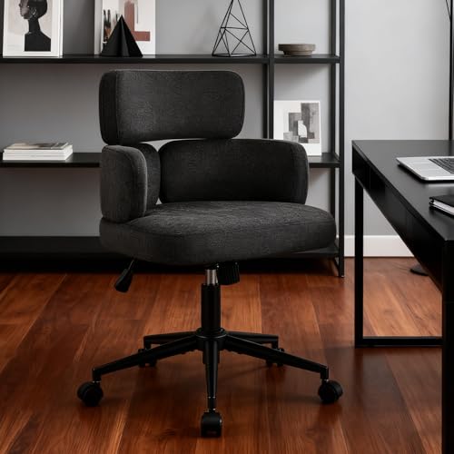Furnistyle Modern Upholstered Office Chair with Wheels, Adjustable Height Swivel Desk Chair with Arms, Comfy Fabric Task Chair for Home Office, Bedroom, Study Room, Rolling Base,Black