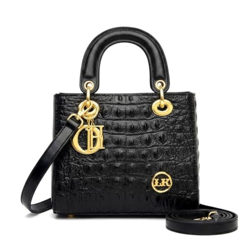 Image of Diva Dale Black Crocodile Embossed Satchel Bag with Gold-Tone Hardware