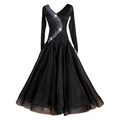 LIUHUO V-Neck Modern Dance Skirt New Performance Competition Dress Studded with Tango Waltz Dance Skirt, Black, Small Cover
