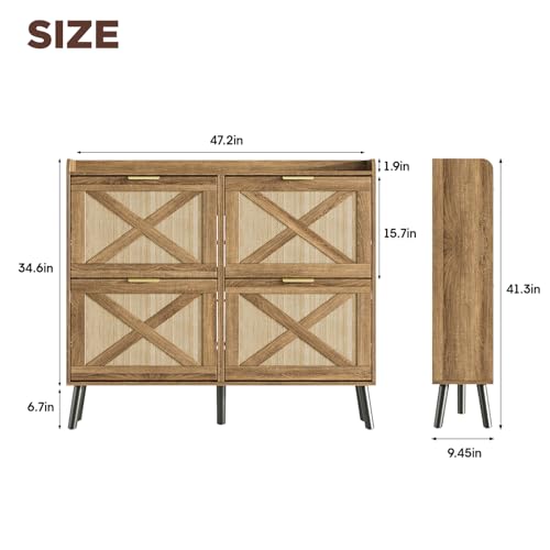 Image of Maupvit Large Shoe Storage Cabinet with 4 Flip Drawers, Narrow Shoe Cabinet for Entryway with Wooden Legs, Freestanding Hidden Shoe Rack Organizer & Metal Hinges, Rustic Oak Rattan
