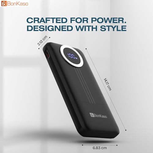 Image of BonKaso 10000mAh Power Bank 22.5W PD Fast Charging with Built-in 2-in-1 Type C & Lightning Cable, Digital Display, Dual USB Output, Compact Portable Charger for Android, iPhone, Tablets - Black