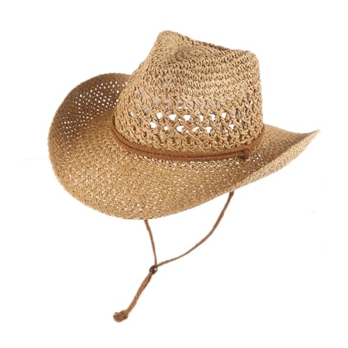 Straw Cowboy Hat Wide Brim Sun Beach Cowgirl Hat for Women and Men Summer Western Cowboy for Travel Outdoor Family Khaki