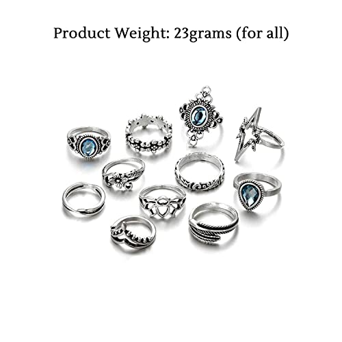 Yellow Chimes Women's Rings 11 Pcs Ring Set Boho Vintage Style Midi Finger Crystal Oxidised Plated Knuckle Rings Set and Oxidised Silver