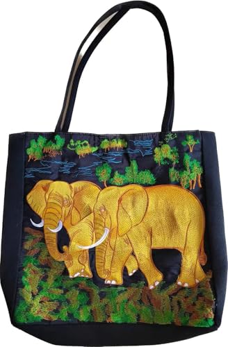 Embroidered Elephant Tote Bag with Jungle Scene, Black