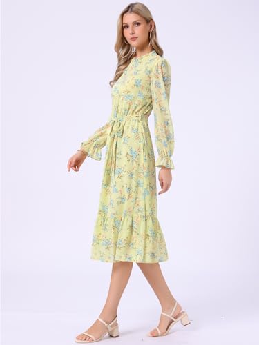 Image of Allegra K Fall Casual Floral Dress for Women 2025 Long Sleeve Crew Neck Chiffon Midi Tea Party Ruffle Dresses
