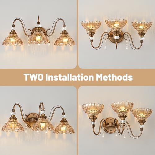 Image of Vintage Bathroom Vanity Light, 3-Light Matte Antique Brass Finish Wall Sconce with Hanging Crystal Accents and Flower-Shaped Amber Glass Shades, Retro Wall Mount Vanity Light Over Mirror for Bathroom