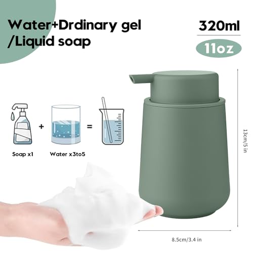 Image of YAUKPH Sage Green Foaming Hand Soap Dispenser Plastic 11 oz - Modern Minimalist Style for Bathroom & Kitchen Countertop Refillable