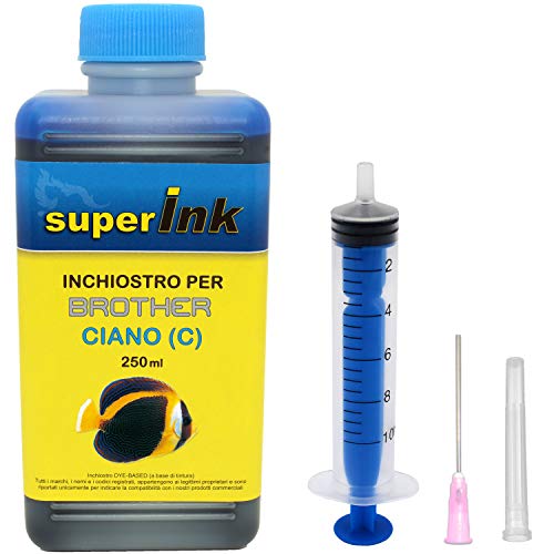 250ml-Cian-Tinta-superInk-especifica-para-la-Recarga-de-Las-impresoras-de-Brother-jeringa-10ml-con-Aguja-y-Tapa