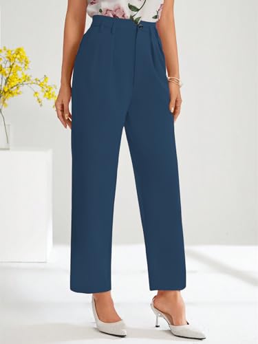 Image of Shasmi Women's High Waist Pleated Straight Leg Trousers - Elegant Solid Color Work Pants with Pockets, Casual Office Wear Polyester Blend Wide Leg Suit Pants (Trouser 235)