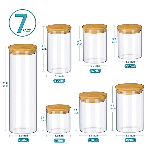 Vtopmart Glass Food Storage Jars, 7 Pack Kitchen Containers with Airtight Bamboo Wooden Lids for Pasta, Cookies, Nuts, Coffee Beans, Cereal, Canisters Set for Flour, Pantry Organization, BPA Free