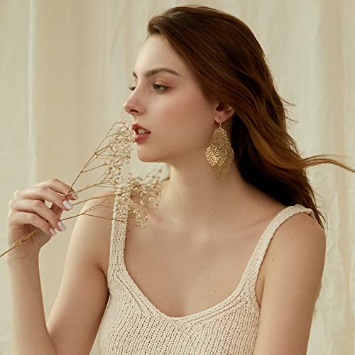 14K Gold Plated Leaf Dangle Earrings for Women Big Gold Statement Drop Earrings3