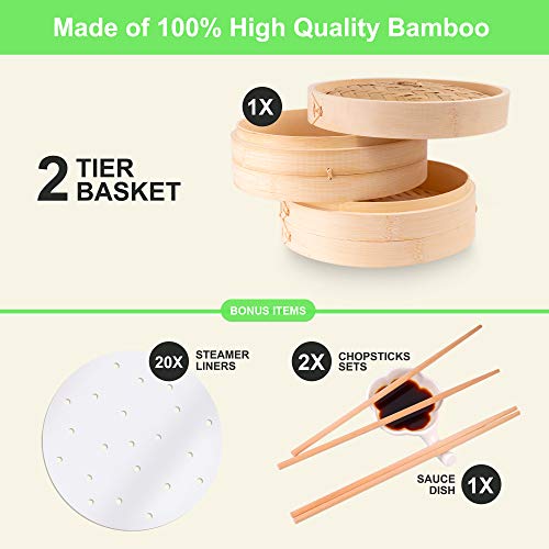 Cesta de bambu para vaporização de 25,4 cm, vaporizador de alimentos premium com tampa, vaporizador