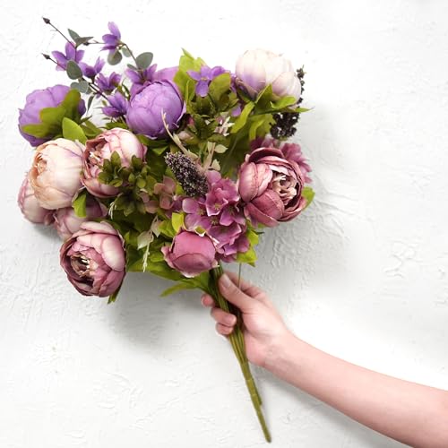 Image of FiveSeasonStuff Dusty Purple, Mauve & Greenery Accents Artificial Peony Bouquet, Two Faux Silk Flower Bundles with Hydrangeas
