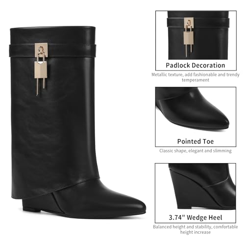 CYNLLIO Shark Boots Fold Over Wide Calf Boot Covered Wedge Heel Ankle Booties Pull On Almond Toe Botas w/Side Zipper Decorative Padlock2