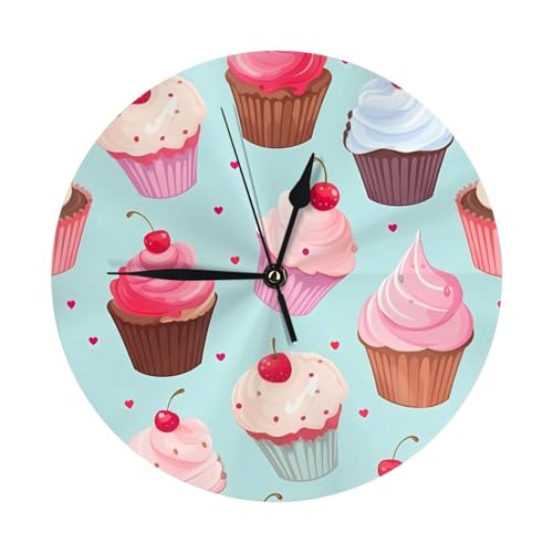 HLBSDM Horloge Murale Ronde silencieuse (sans tic-tac), Style Moderne, Motif Cupcake, Horloge analogique décorative pour Salon, Bureau, Cuisine, Chambre