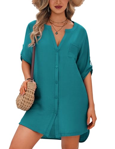 Image of Ekouaer Bathing Suit Cover Up for Women V Neck Button Down Swimsuit Coverup Beach Dress Shirt S-3XL