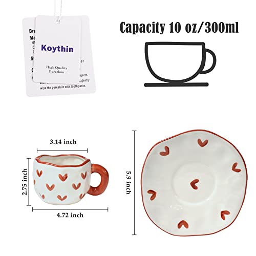 Image of Koythin 10oz Irregular Ceramic Mug With Saucer, Red Heart Latte Tea Cup