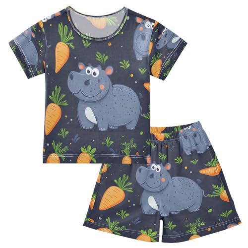 Pajama Sets Short Sleeve Cute Hippo with Carrots Soft Cotton Summer Sleepwear 2 Piece PJS Size 5-14T