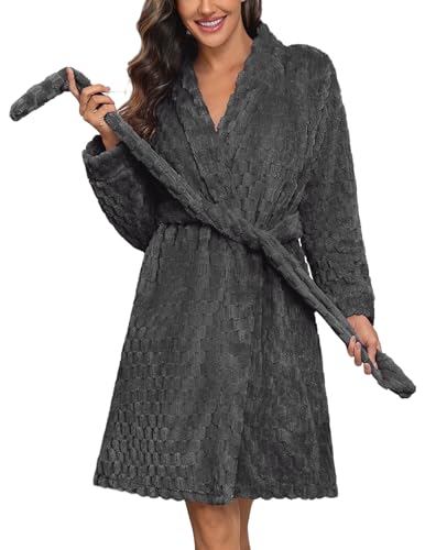 Ekouaer Womens Soft Bathrobes Knee Length Winter Fuzzy Robes Lightweight Plush Sleep Robe with Belt Cozy Nightwear DarK Grey XL