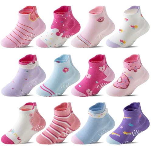 Baby Girls Boys Toddlers Kids Grips Socks 12 Pairs Non Slip Anti Skid Ankle No Show Funny Cotton Socks with Grippers