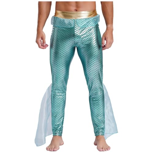 ranrann Meeresgott Kostüm Hose Herren Poseidon Kostüm Hose Pants Lange Leggings Glänzend Leggins Halloween Mottoparty Outfit Minzgrün M