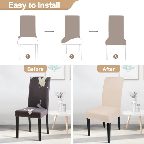Image of SearchI Dining Room Chair Covers Set of 6, Stretch Parsons Chair Slipcovers Super Fit Spandex Removable Washable Kitchen Chair Protector Cover for Dining Room, Hotel, Ceremony (Beige-Yellow)