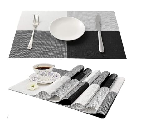 Image of OXSAM Placemats, Heat Insulation Non-Slip Vinyl mats, Stain-Resistant Tablemats for Home and cafe Dining Table Decor (Black & White, Pack of 6)