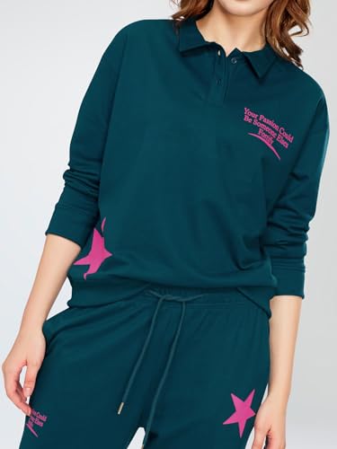 Image of ZEYO Women's Cotton Track Suit Star & Typography Printed Sweatshirt Co-ords Set 5826