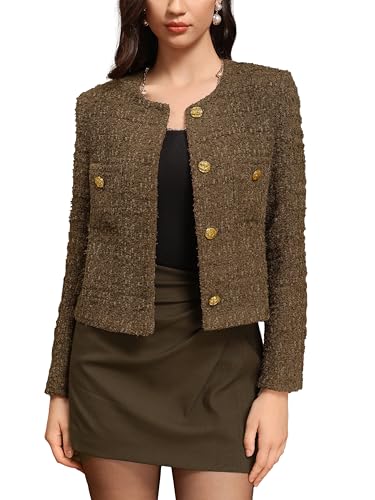 M.Infisavo 2025 Womens Cropped Tweed Jacket Wool Blazer Elegant Fall Winter Pockets Business Casual Office Outfits