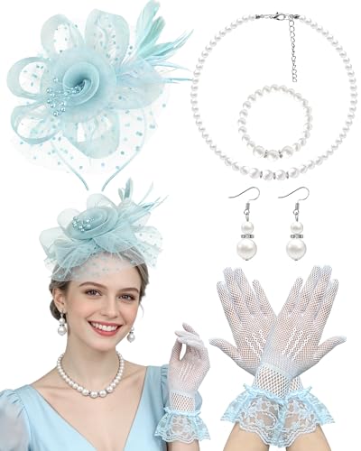 Fascinator Tea Party Hat Set for Women Elegant Vintage Accessories for High Tea Wedding Bridal Shower Light Blue