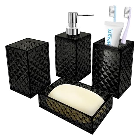 Seeatoo Bathroom Accessory Set, 4 PCS Black Bathroom Accessories Set, Soap Dispenser and Toothbrush Holder Set, Soap Dish and Mouthwash Cup, Boho Bathroom Decor, Bathroom Sets Accessories Cover