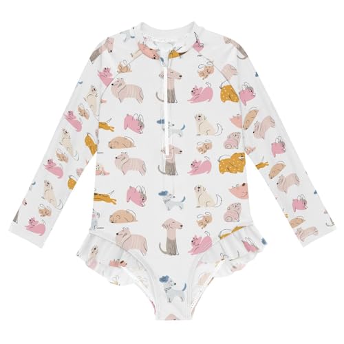 Ollabaky Girls Long Sleeve Swimsuit Cartoon Dog Or Puppy One Piece Bathing Suit Rash Guard UPF50+ Toddler Girl Zipper Swimwear, 3T Multi